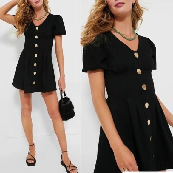 Hyacinth House NEW Black Emelia Short Puff Sleeve Fit and Flare Mini Dress XXS